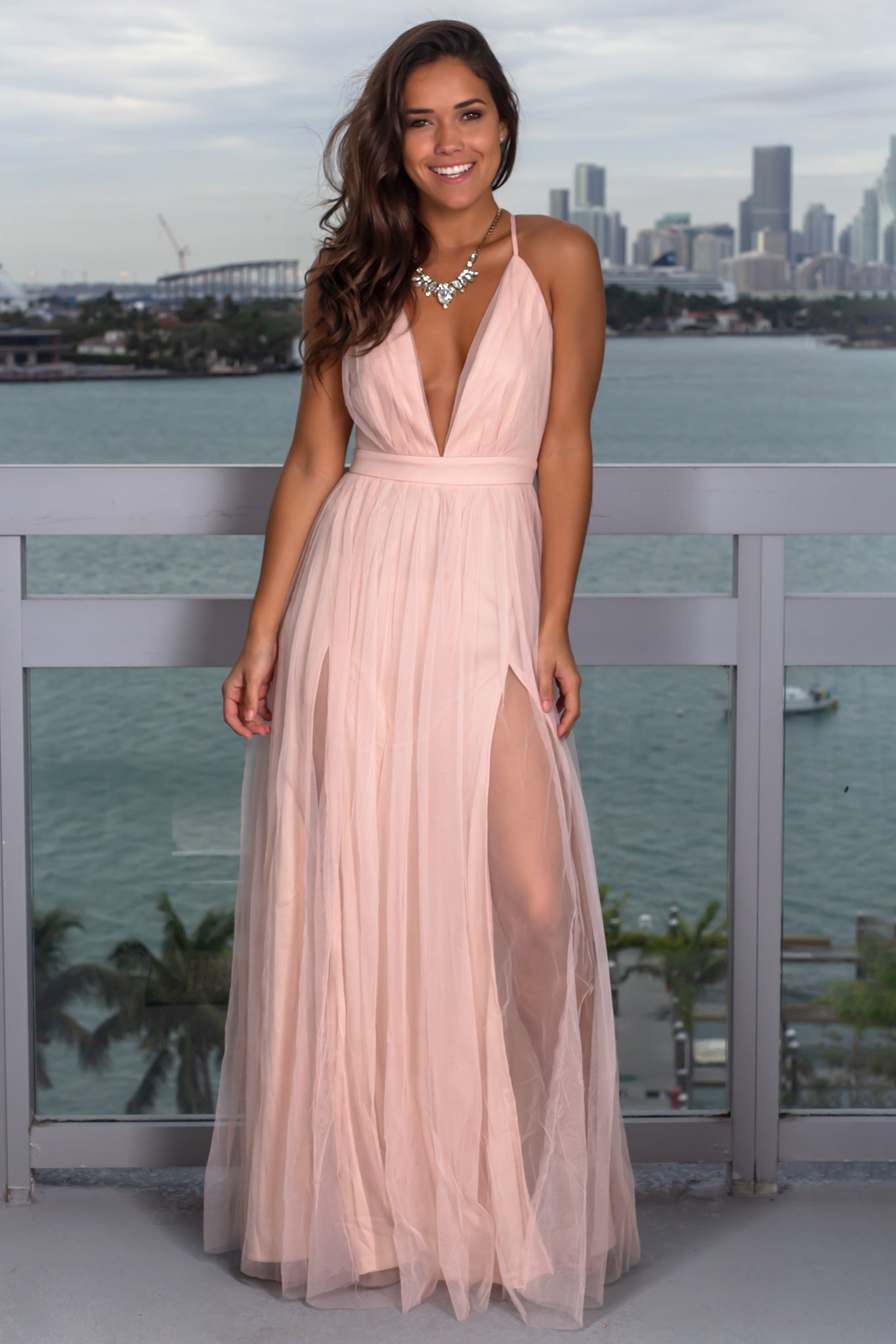 Blush Tulle Maxi Dress with Criss Cross Back