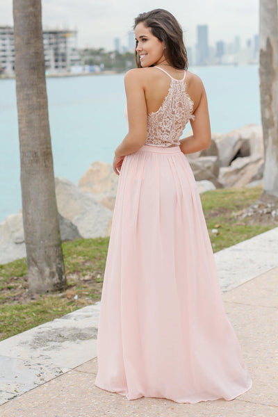 Blush V-Neck Maxi Dress with Lace Back