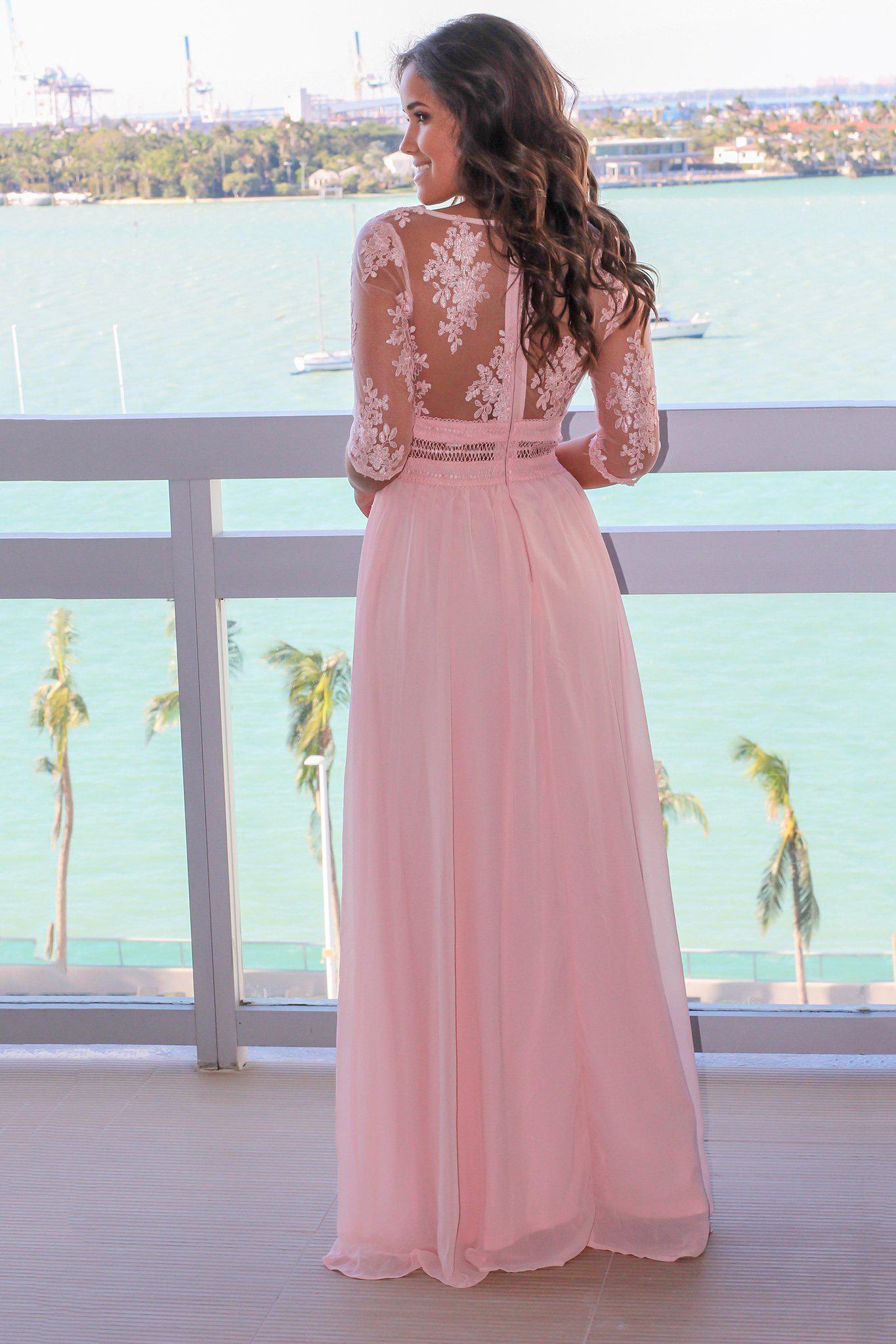 Blush V-Neck Maxi Dress with Mesh Embroidered Sleeves