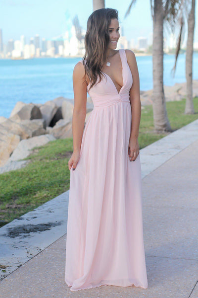 Blush V-Neck Maxi Dress with Pleated Top