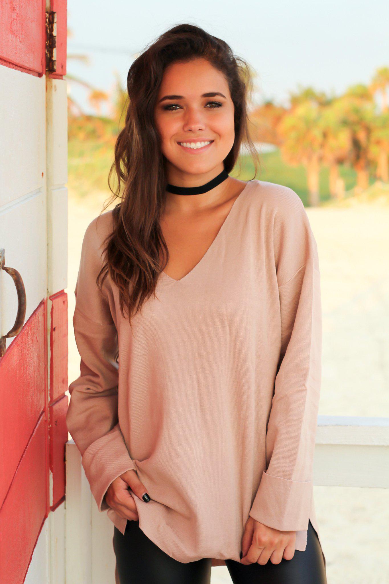 Blush V-Neck Sweater with Cuff Sleeves