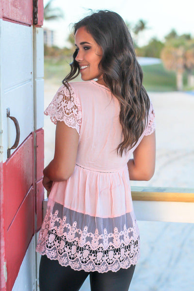 Blush V-Neck Top with Crochet Detail