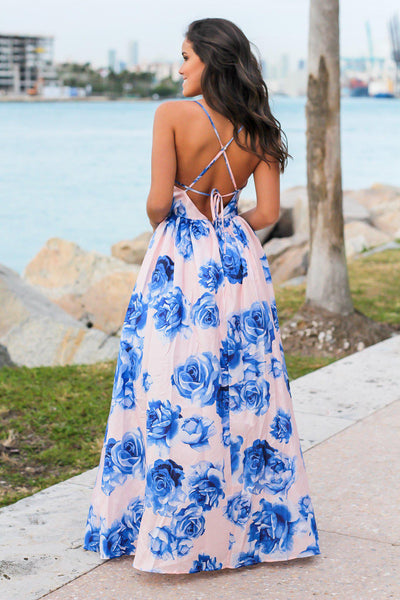 Blush and Blue Floral Maxi Dress with Criss Cross Back
