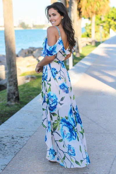 Blush and Blue Floral Off Shoulder Wrap Dress