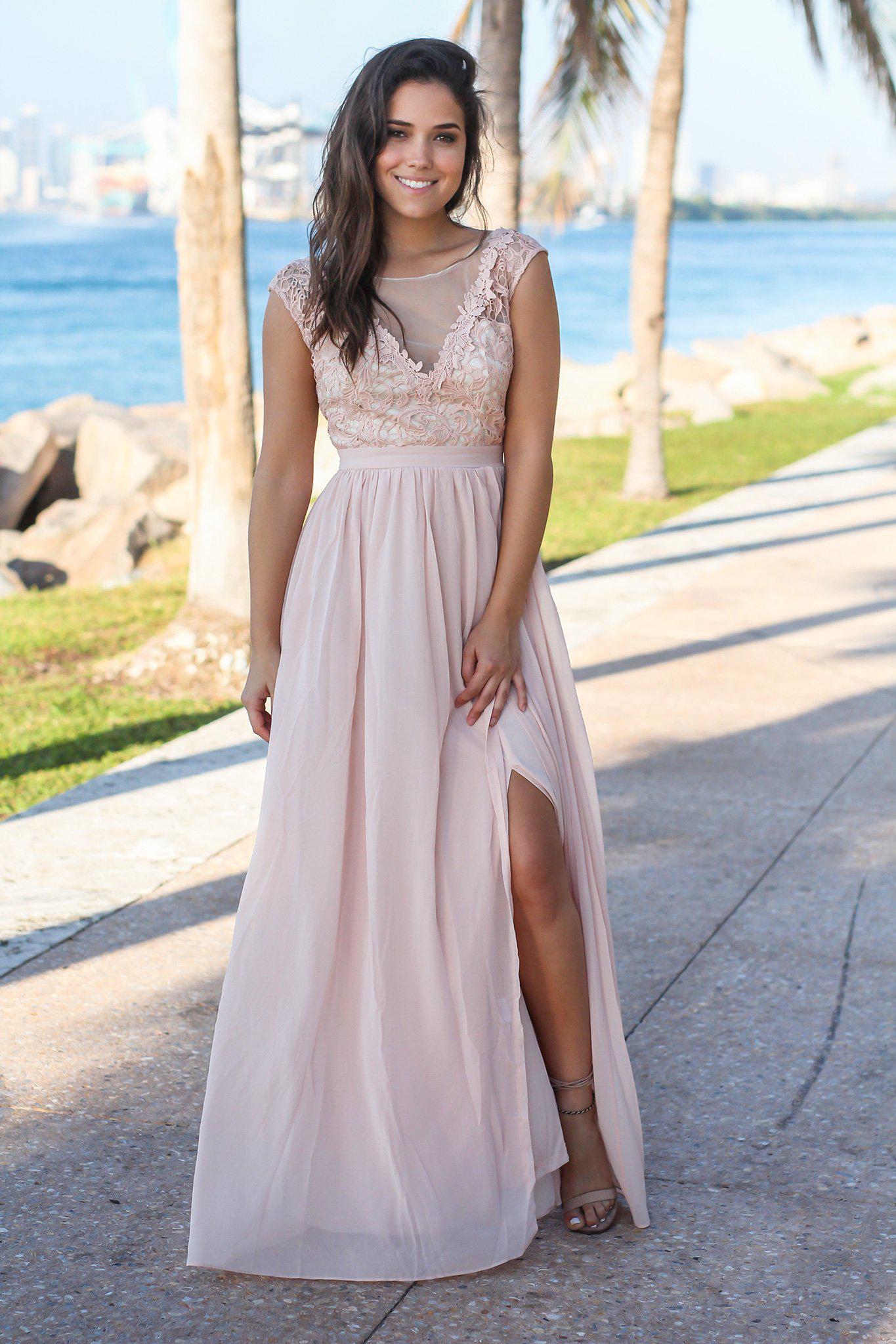 Blush and Cream Maxi Dress with Crochet Top and Tulle Back