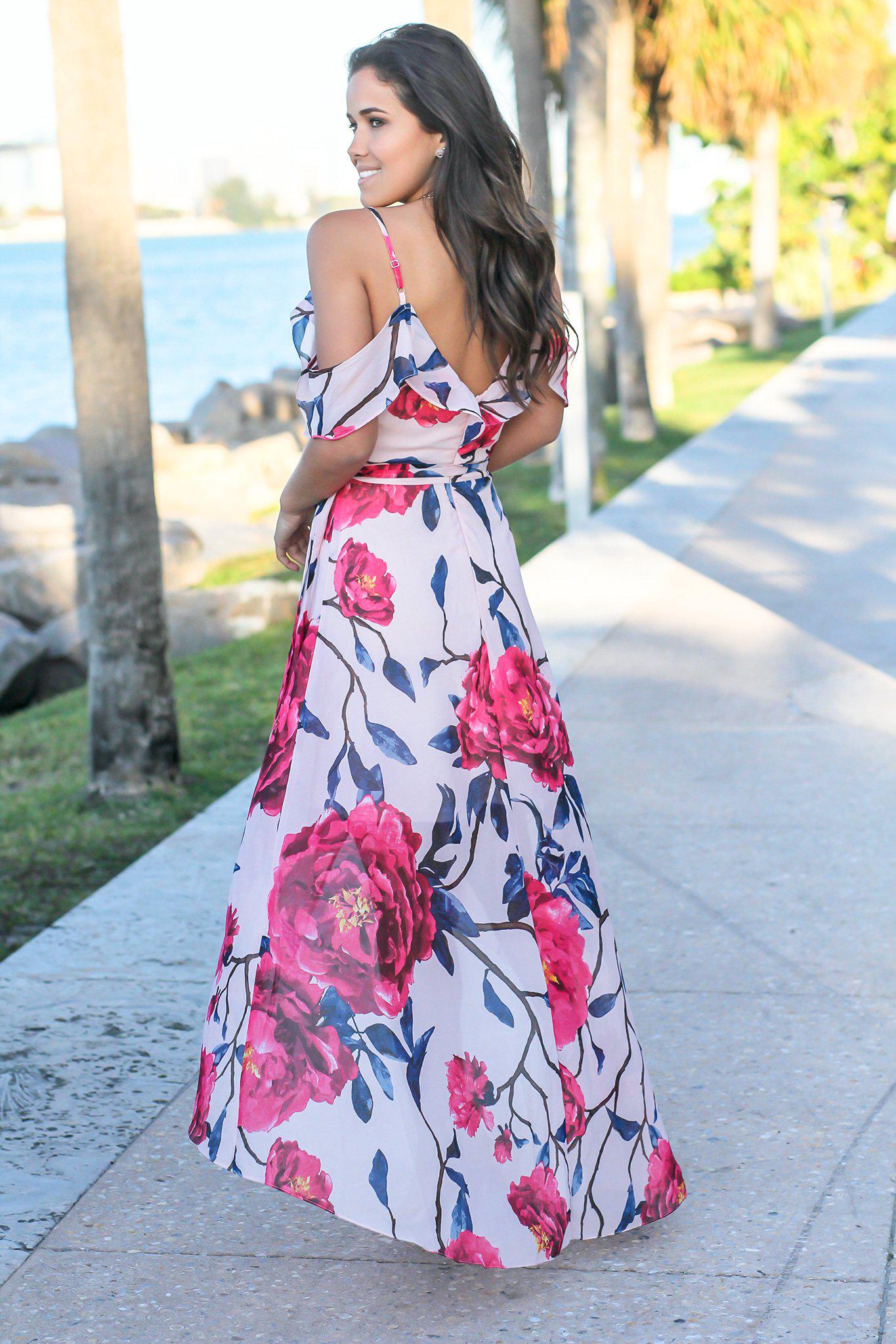 Blush and Fuchsia Floral Off Shoulder Wrap Dress