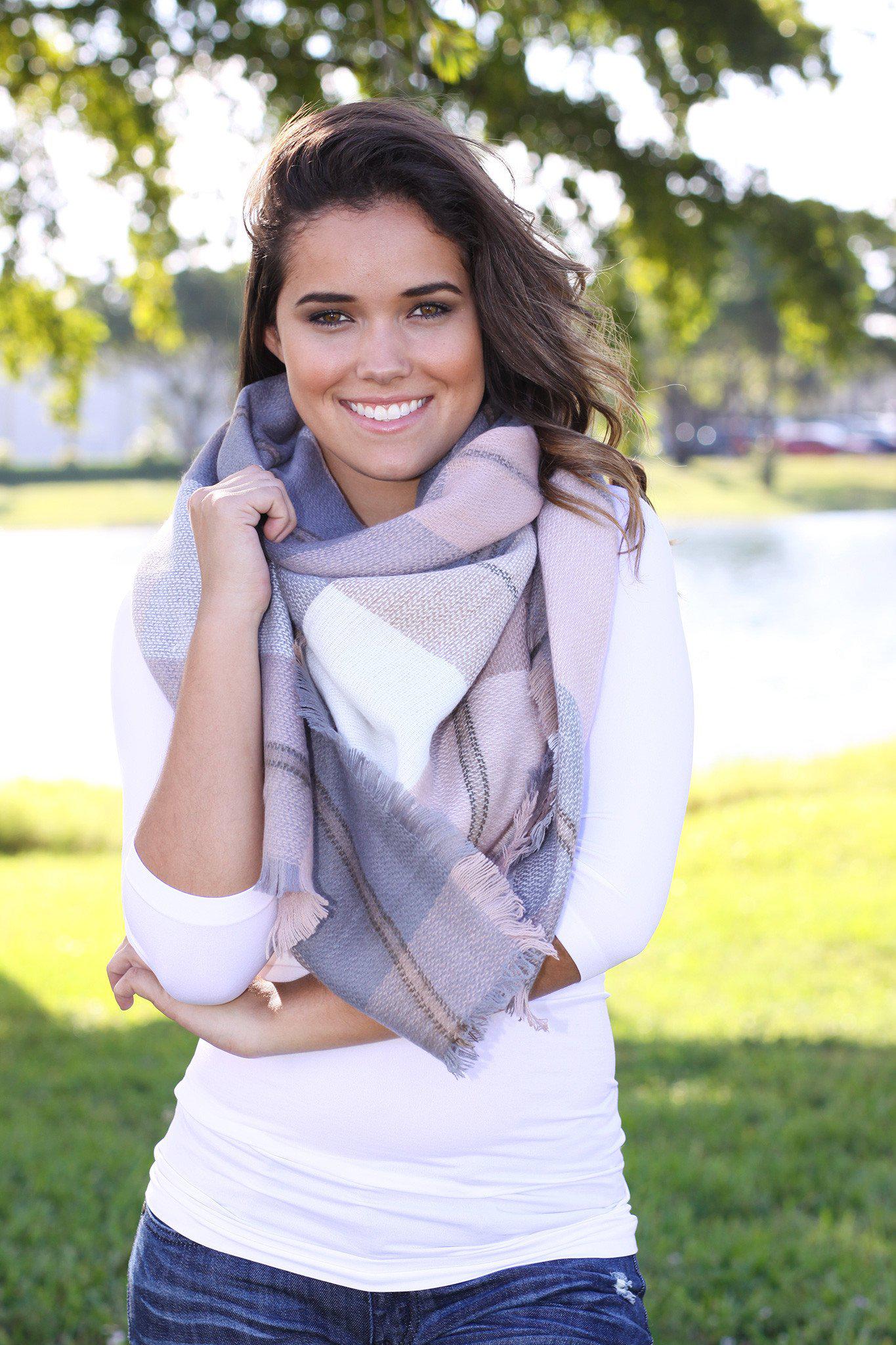 blush and gray blanket scarf