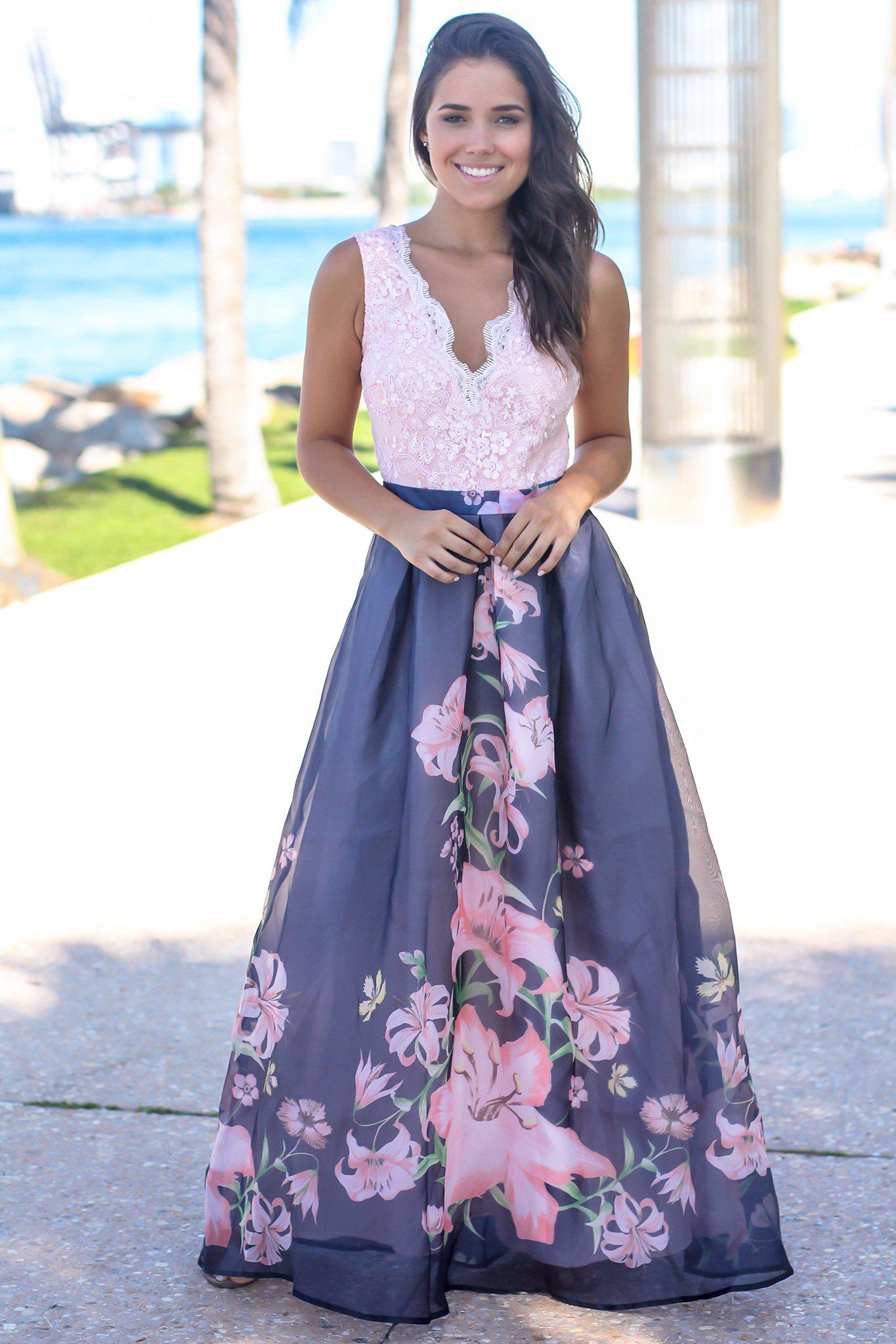 Blush and Navy Floral Maxi Dress