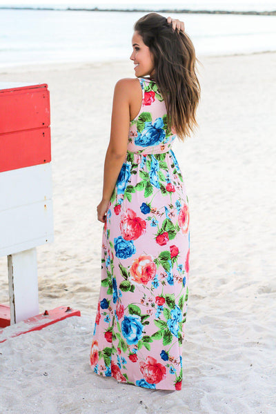 Blush and Red Floral Sleeveless Maxi Dress