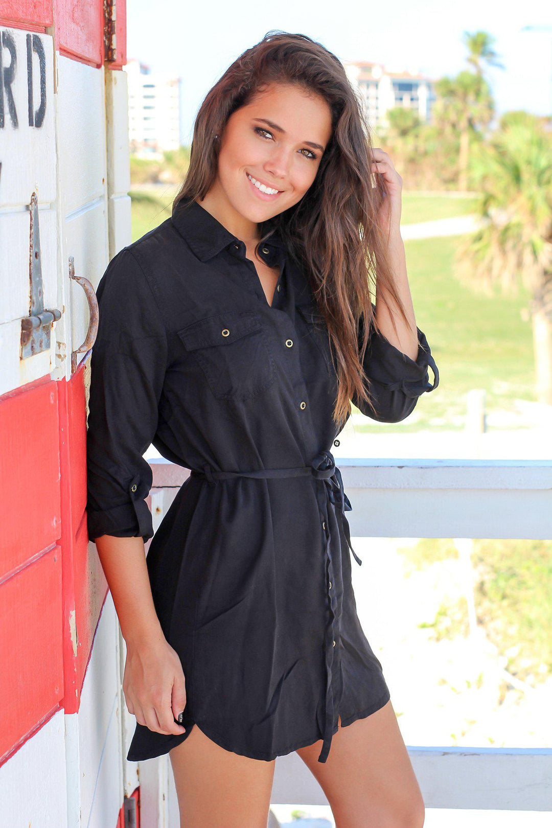 Black Long Sleeve Button Down Short Dress