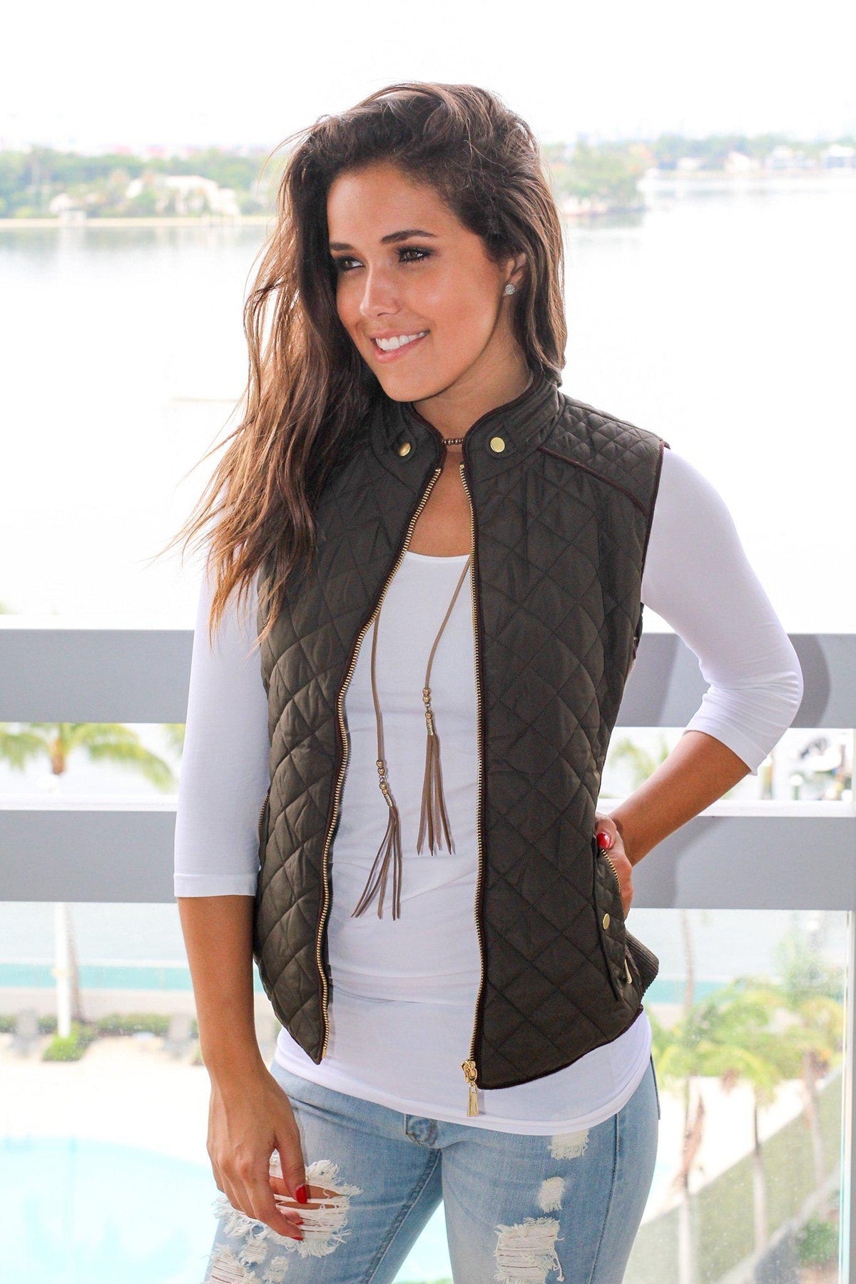 Olive Quilted Vest With Pockets | Cute Vests – Saved by the Dress