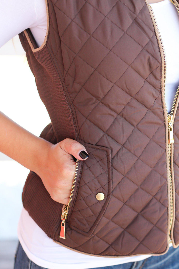 Brown Quilted Vest With Pockets