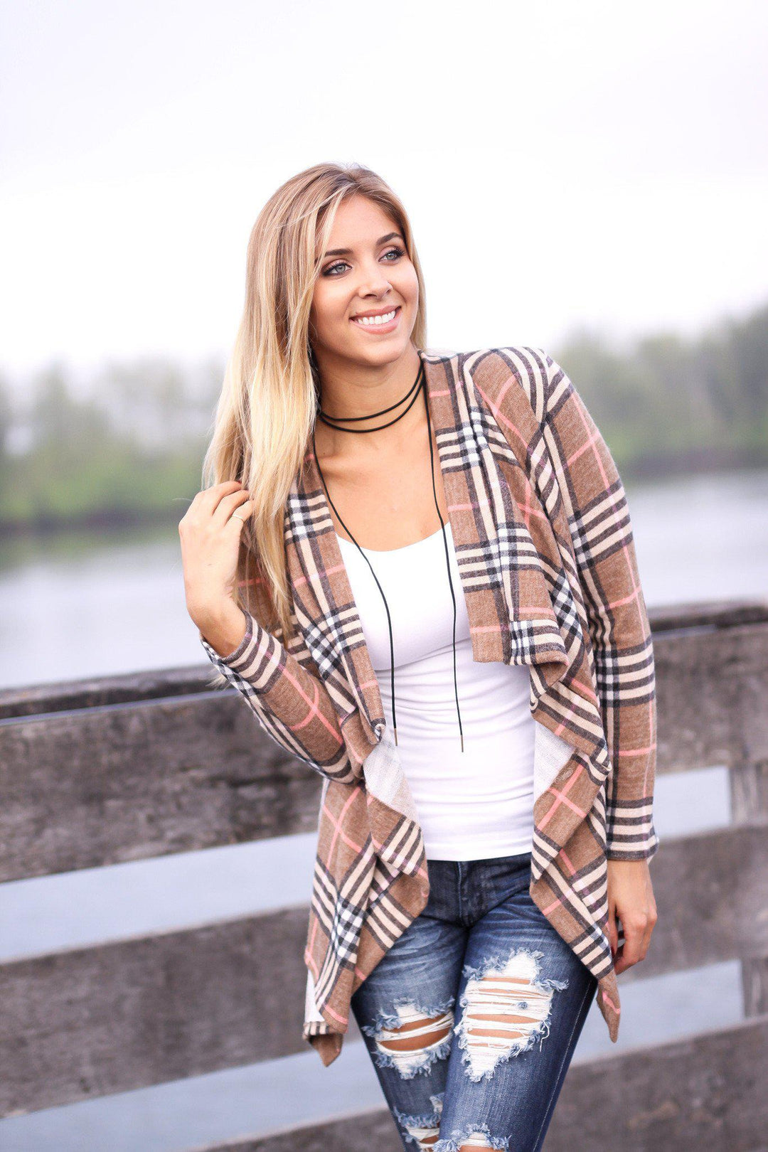 Tan and Pink Plaid Cardigan with Elbow Patches Online Boutique Saved by the Dress