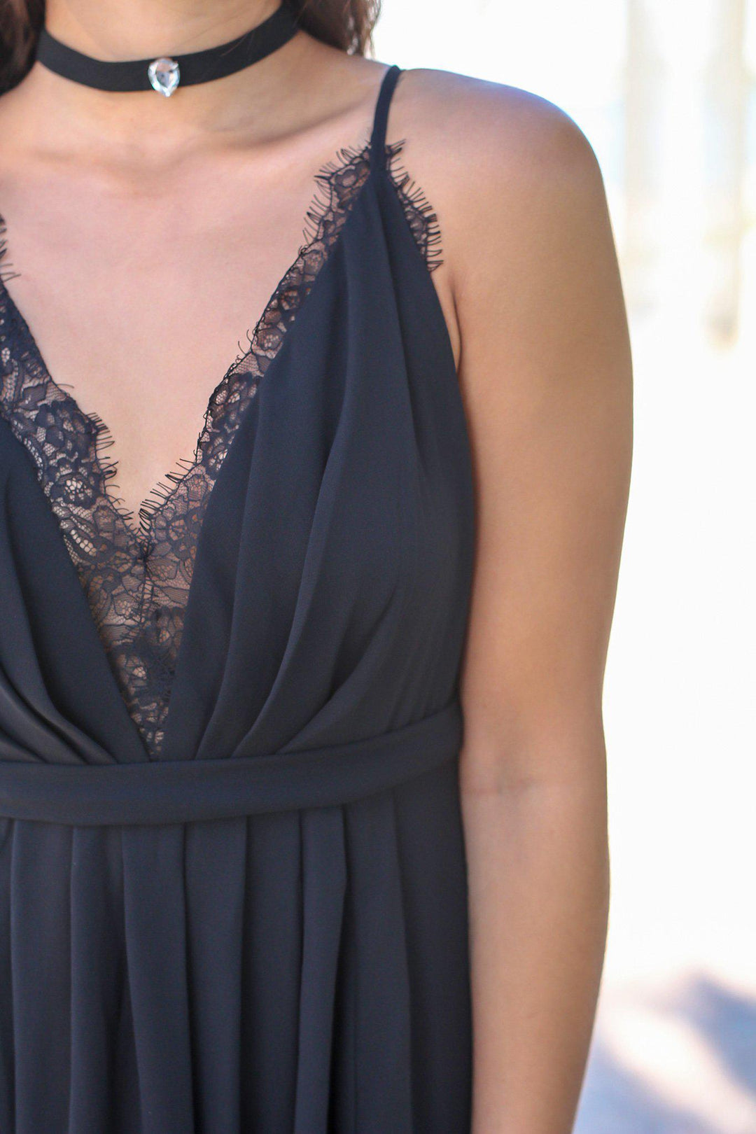 Black Maxi Dress with Criss Cross Back and Lace Detail