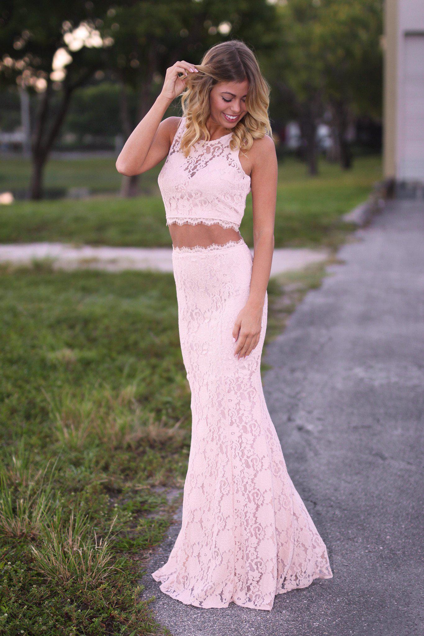 Blush Lace Crop Top and Skirt Set