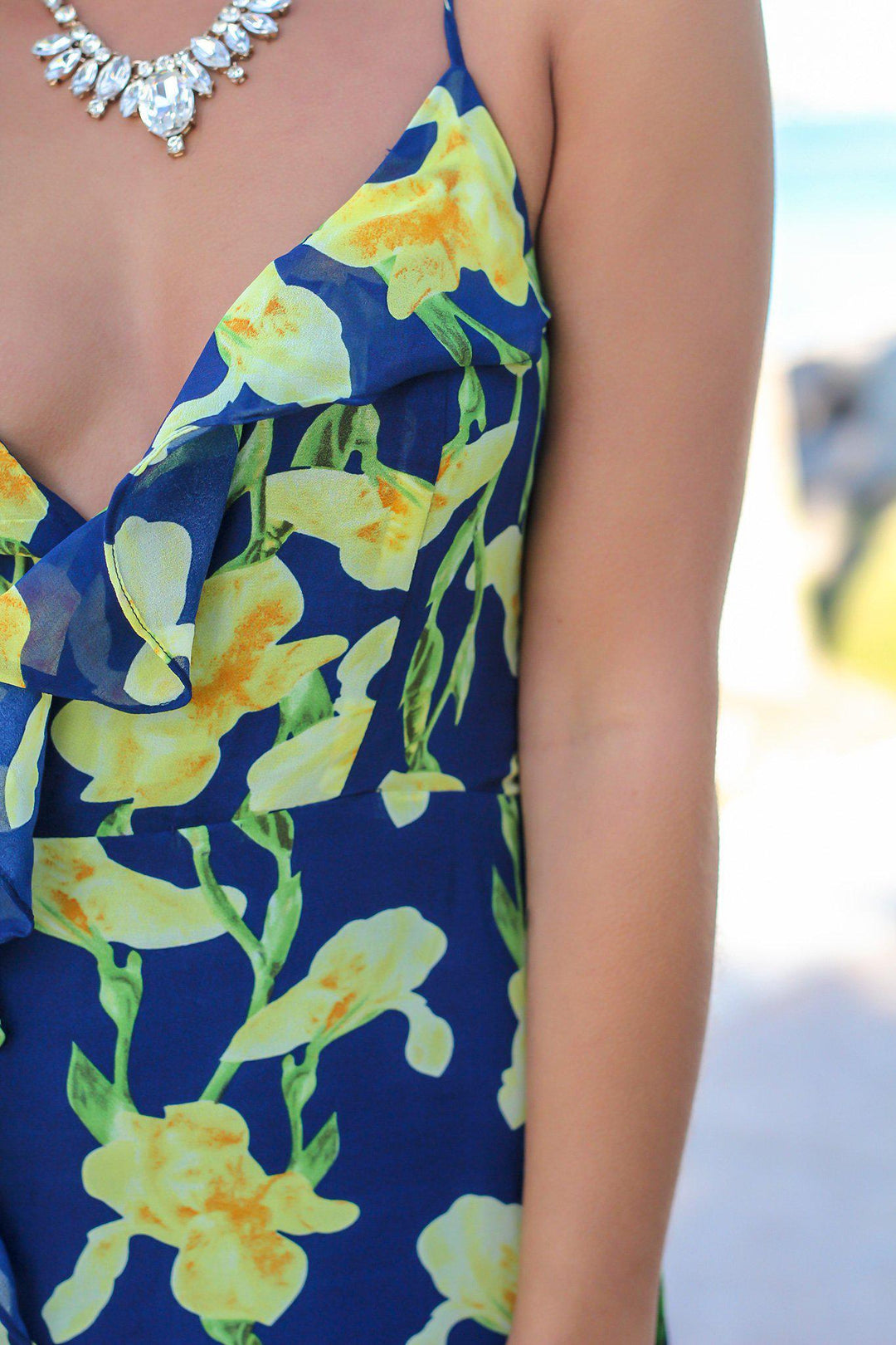navy blue and yellow maxi dress Navy and Yellow Floral Maxi Dress with Lace Up Back