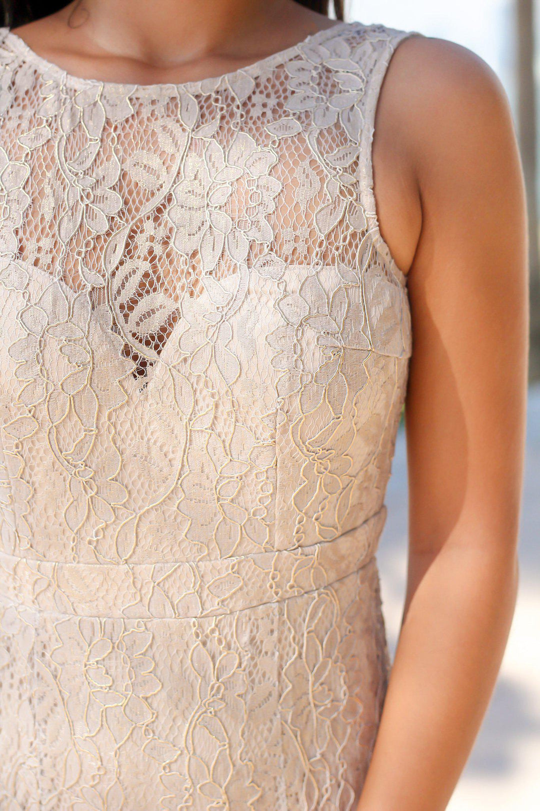 Gray and Gold Lace Maxi Dress with Open Back