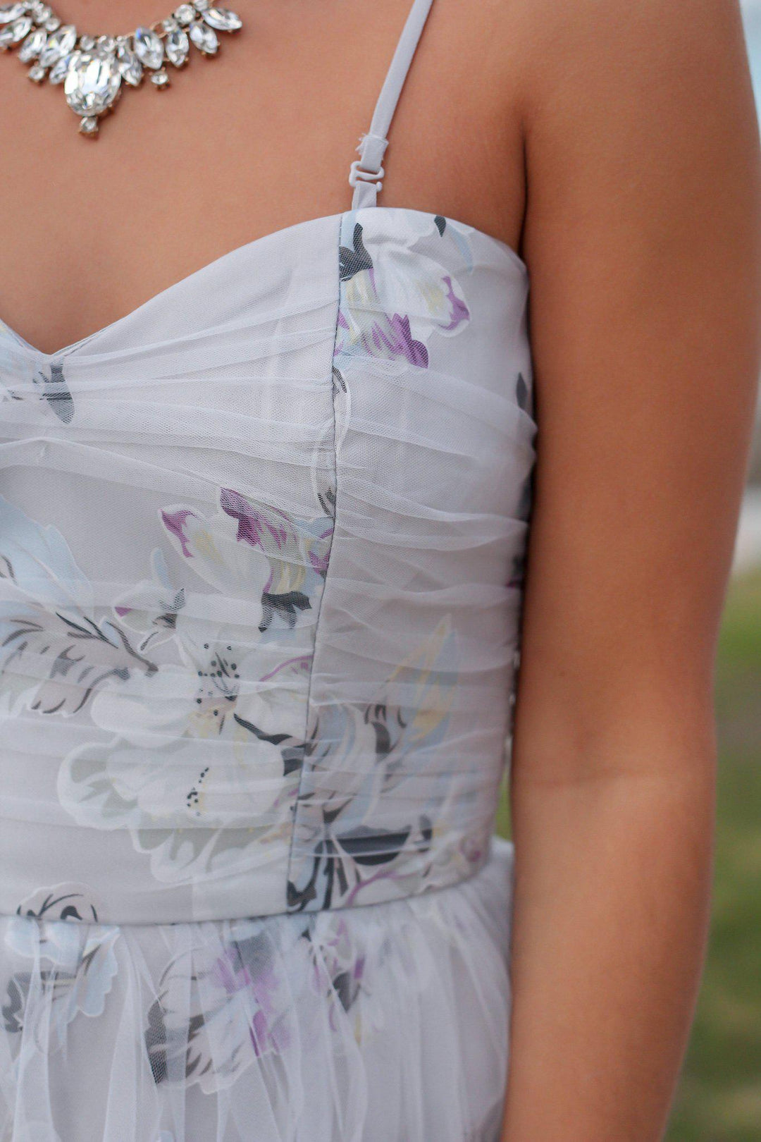 gray strapless maxi dress Gray Floral Strapless Maxi Dress with Tulle