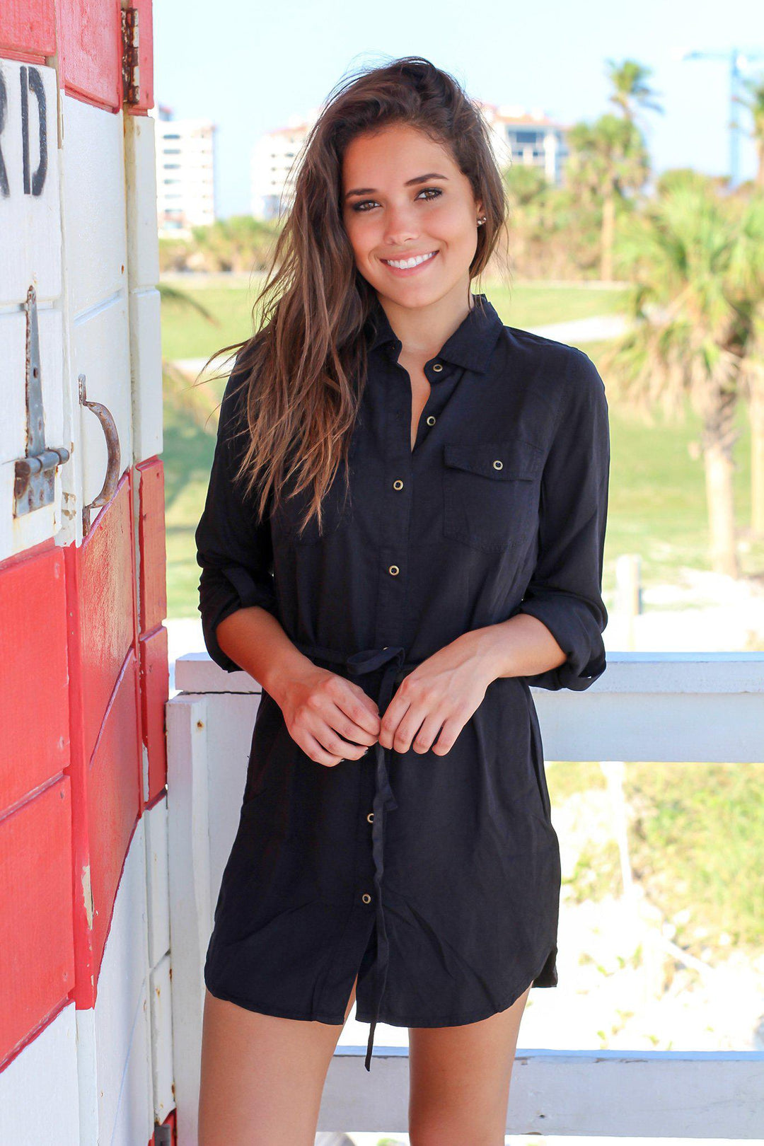 Black Long Sleeve Button Down Short Dress