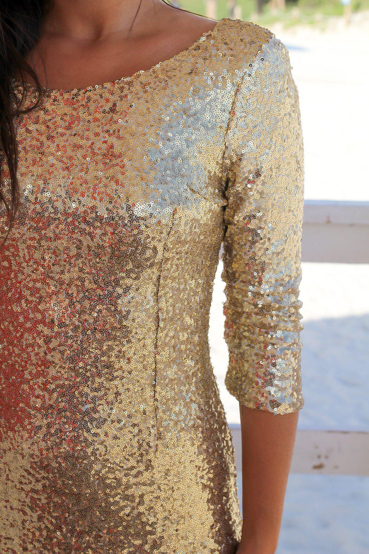 Gold Sequin Short Dress with 3/4 Sleeves | Short Dresses Saved by the Dress Gold Sequin Short Dress with 3/4 Sleeves | Short Dresses Saved by the Dress