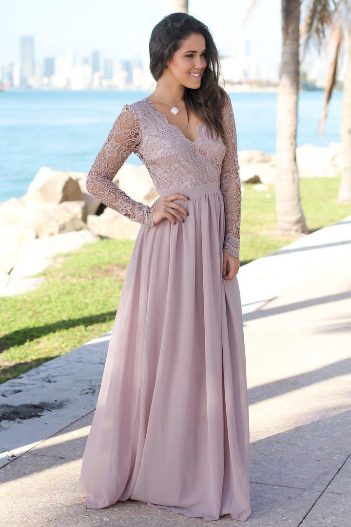 Tan Crochet Maxi Dress with Open Back and Long Sleeves