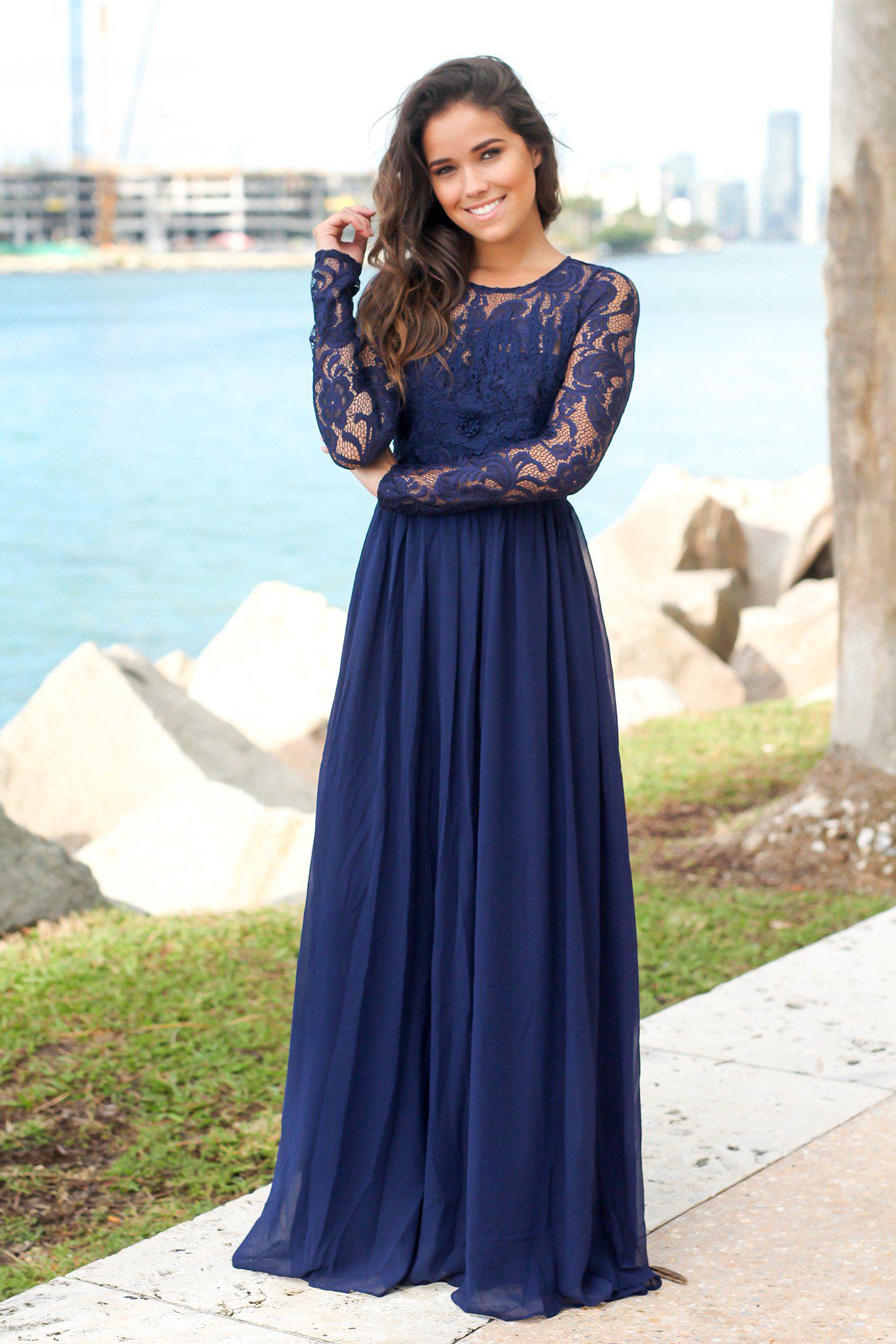 Navy Long Sleeve Maxi Dress with Crochet Top | Maxi Dresses Saved by the Dress Navy Long Sleeve Maxi Dress with Crochet Top | Maxi Dresses Saved by the Dress