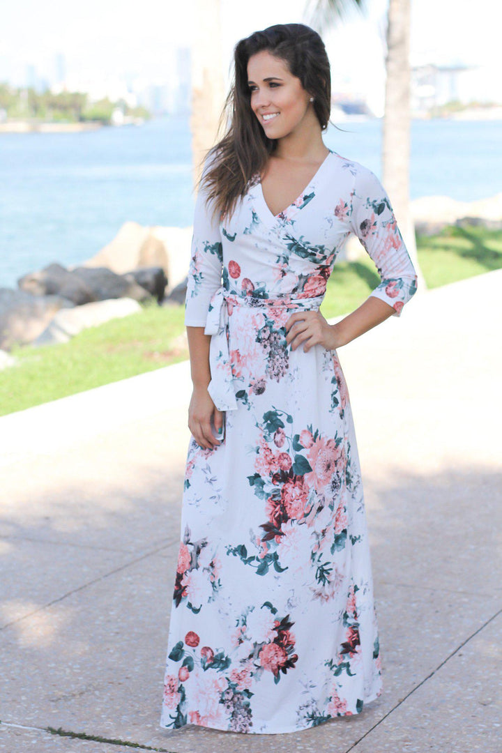 Ivory and Peach Floral Wrap Maxi Dress with 3 4 Sleeves Maxi Dresses Saved by the Dress