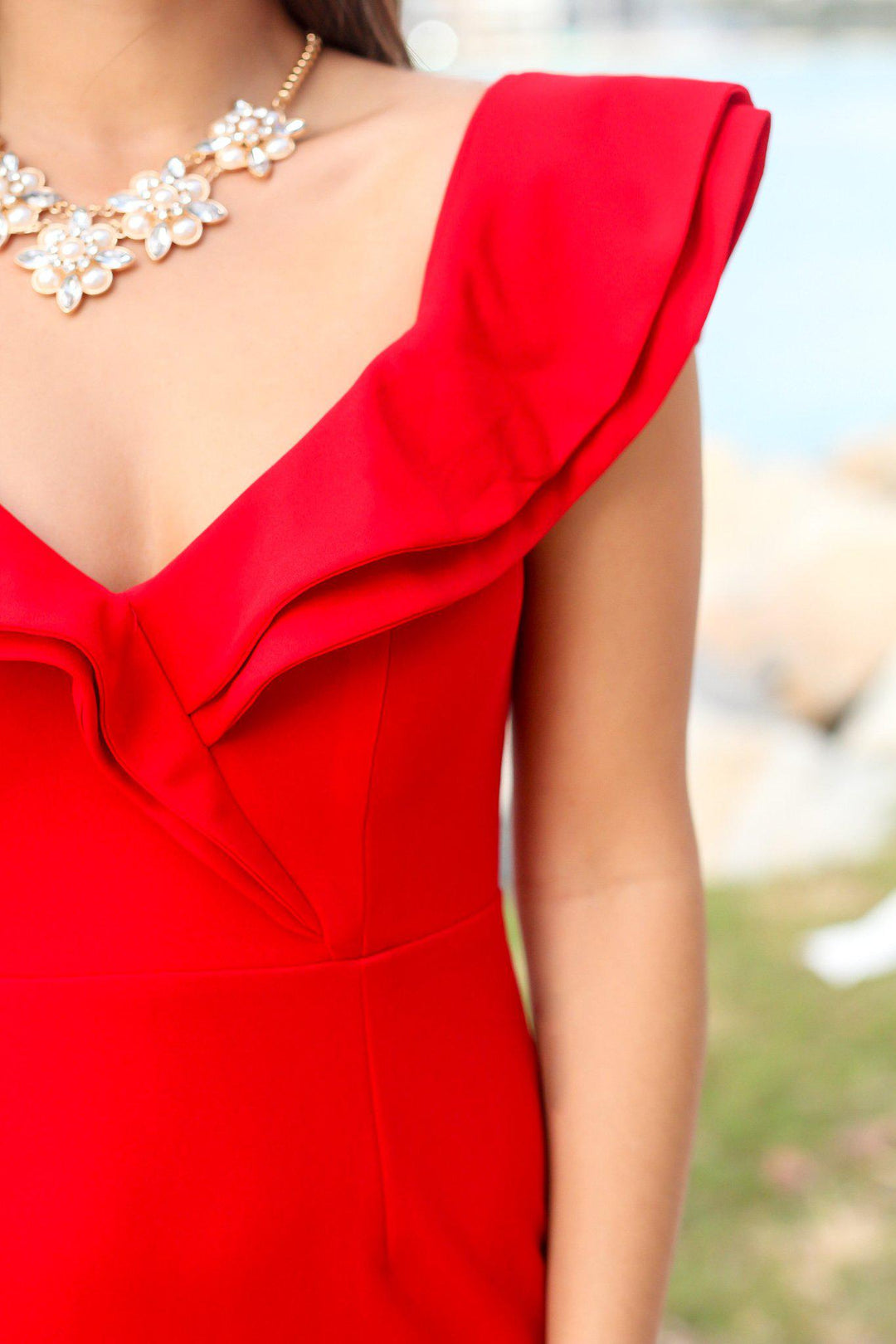 open lace back dress Red Maxi Dress with Ruffle Top