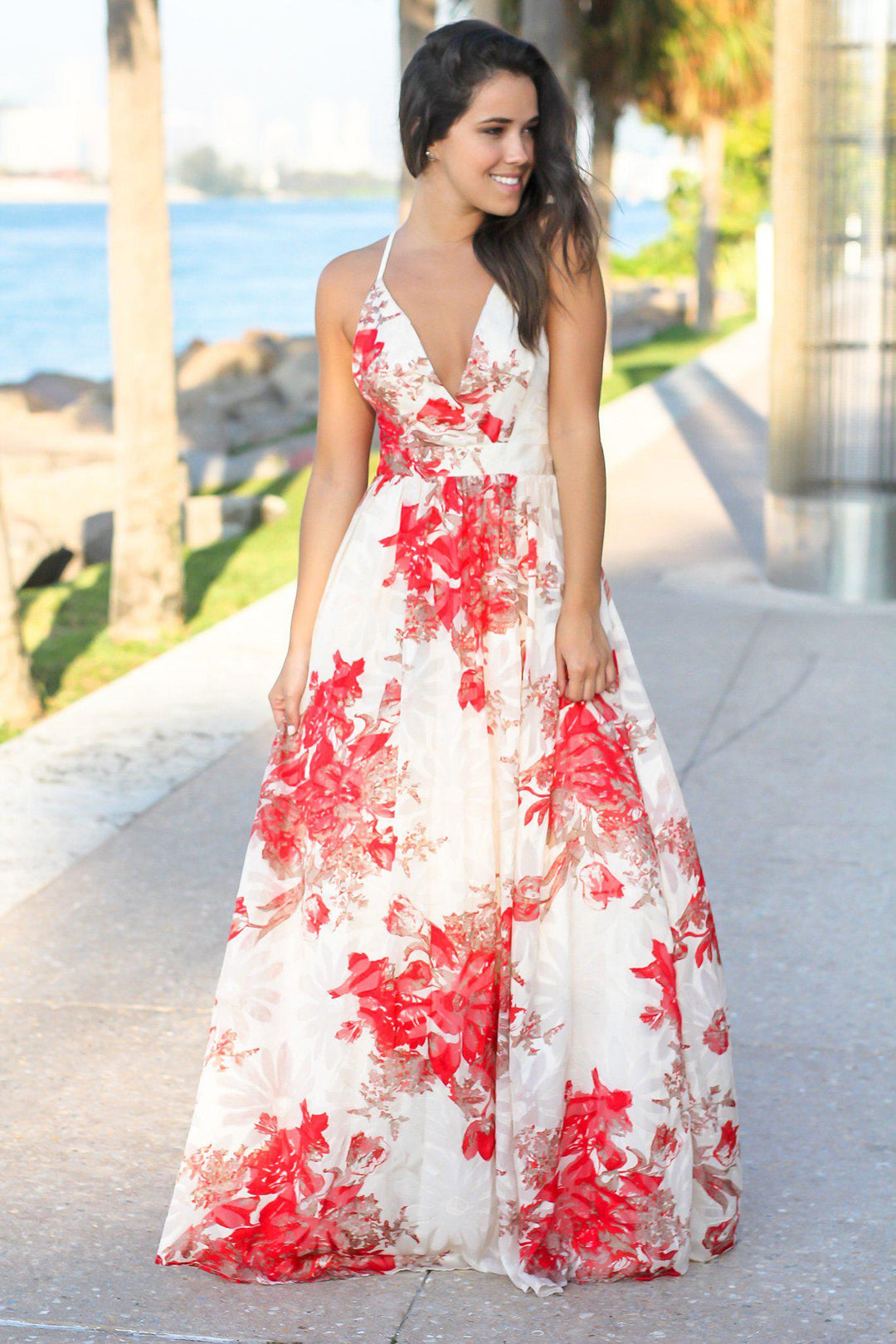 Cream and Red Floral Chiffon Maxi Dress | Maxi Dresses