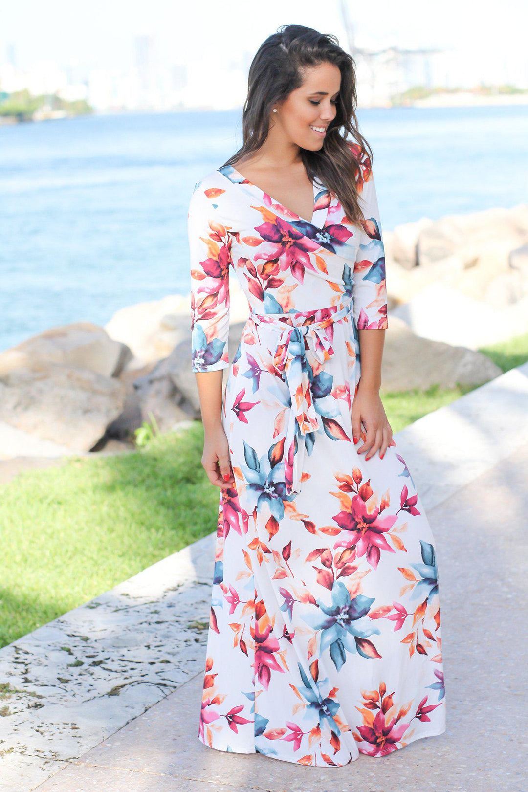 Ivory Floral Wrap Maxi Dress with 3/4 Sleeves | Maxi Dresses  Saved by the  Dress