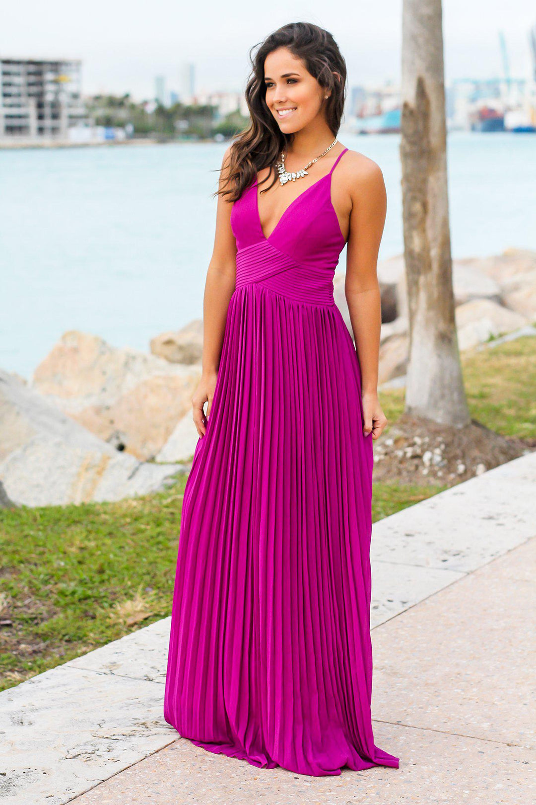 Orchid Pleated Maxi Dress with Criss Cross Back | Maxi Dresses