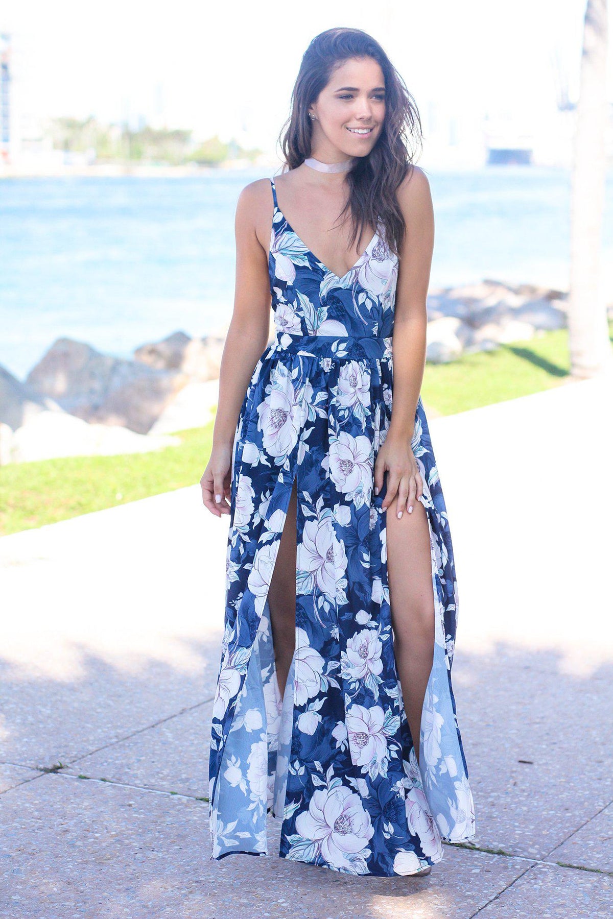 Navy Floral Maxi Dress with Open Back and Side Slits | Maxi Dresses ...