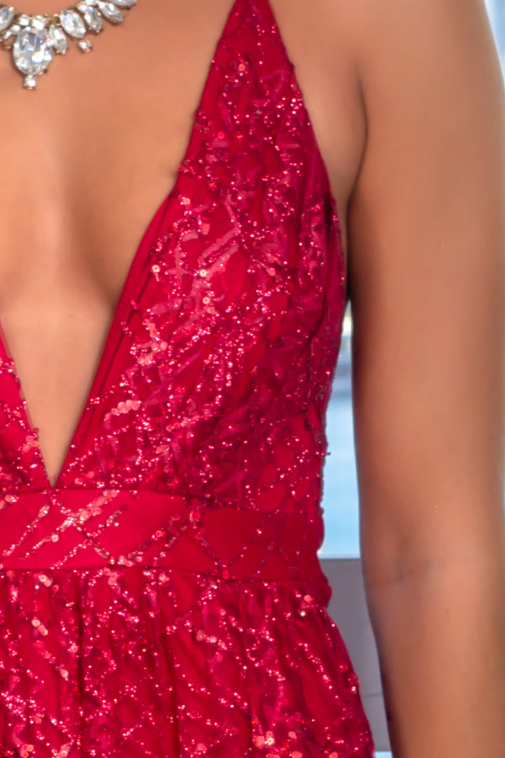 knee length dresses for ladies Red Sequin Plunge V Backless Mermaid Maxi Dress with Slit Red / 00 / Sequins main image 0