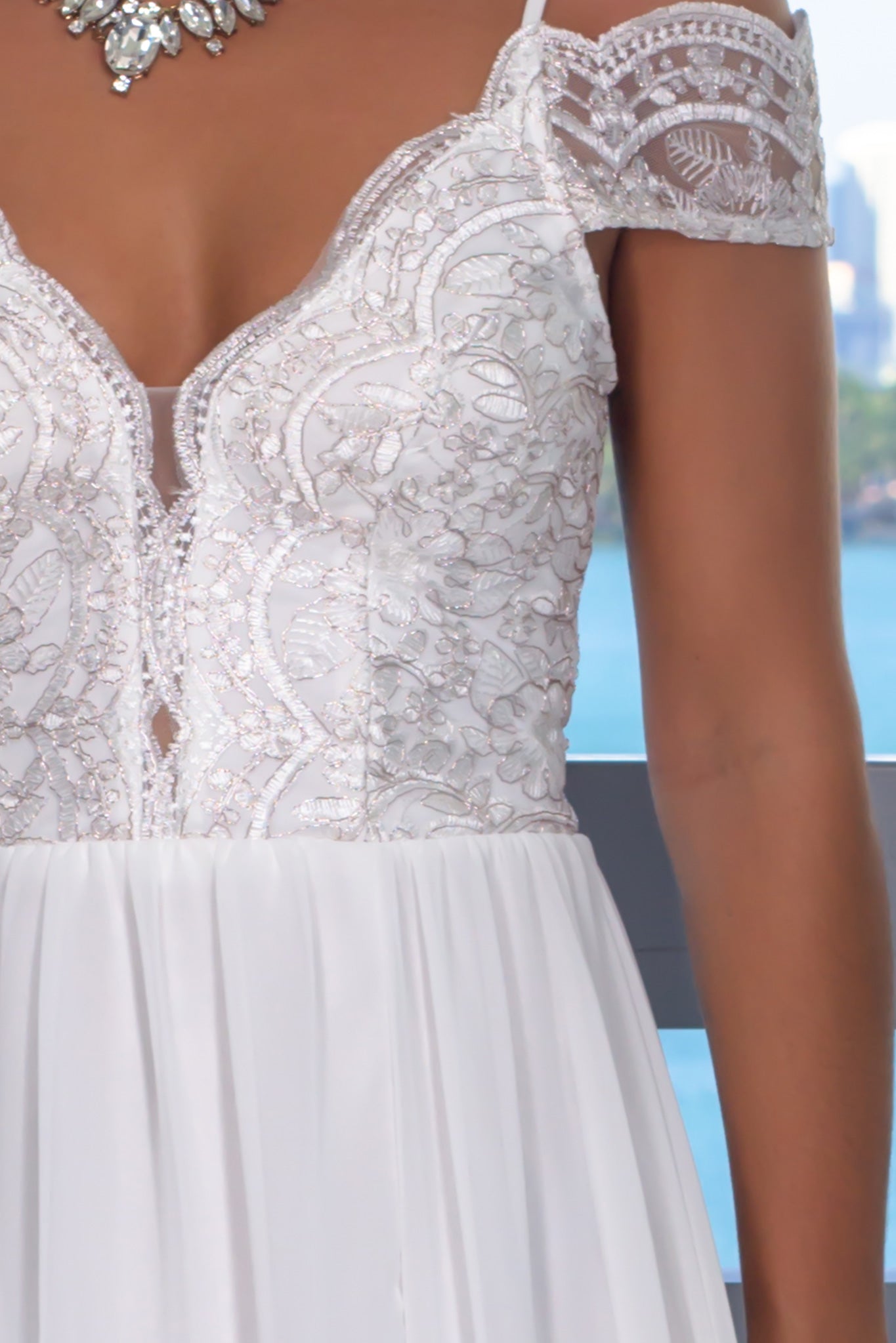 Ivory Off Shoulder Embroidered Maxi Dress with Side Slit