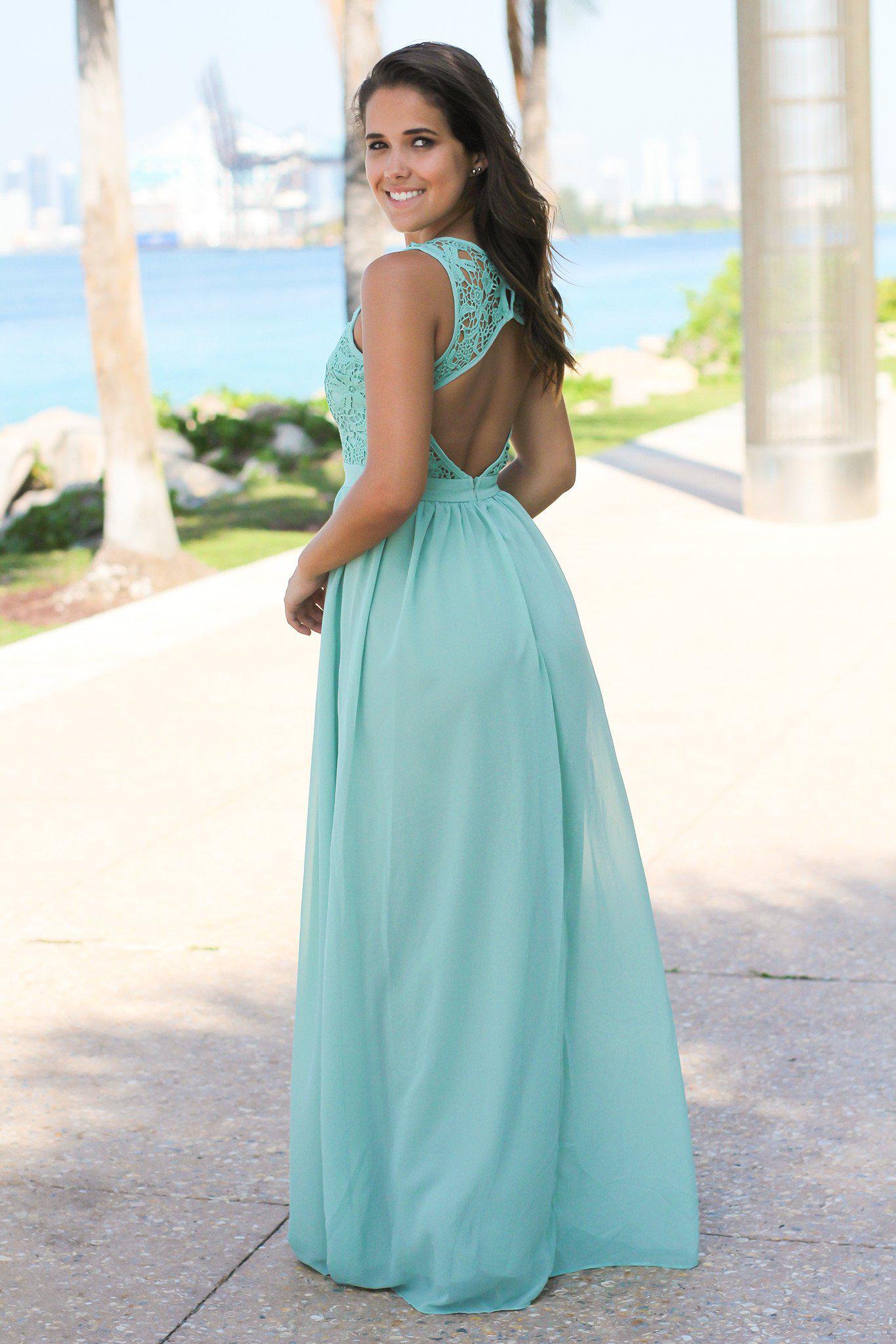 Dusty Mint Crochet Maxi Dress with Open Back | Bridesmaid Dresses Saved by the Dress Dusty Mint Crochet Maxi Dress with Open Back | Bridesmaid Dresses Saved by the Dress