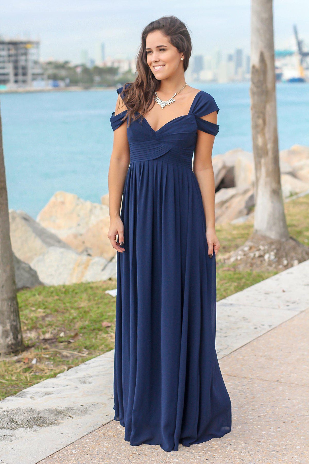 Navy Off Shoulder Maxi Dress | Bridesmaid Dresses – Saved by the Dress