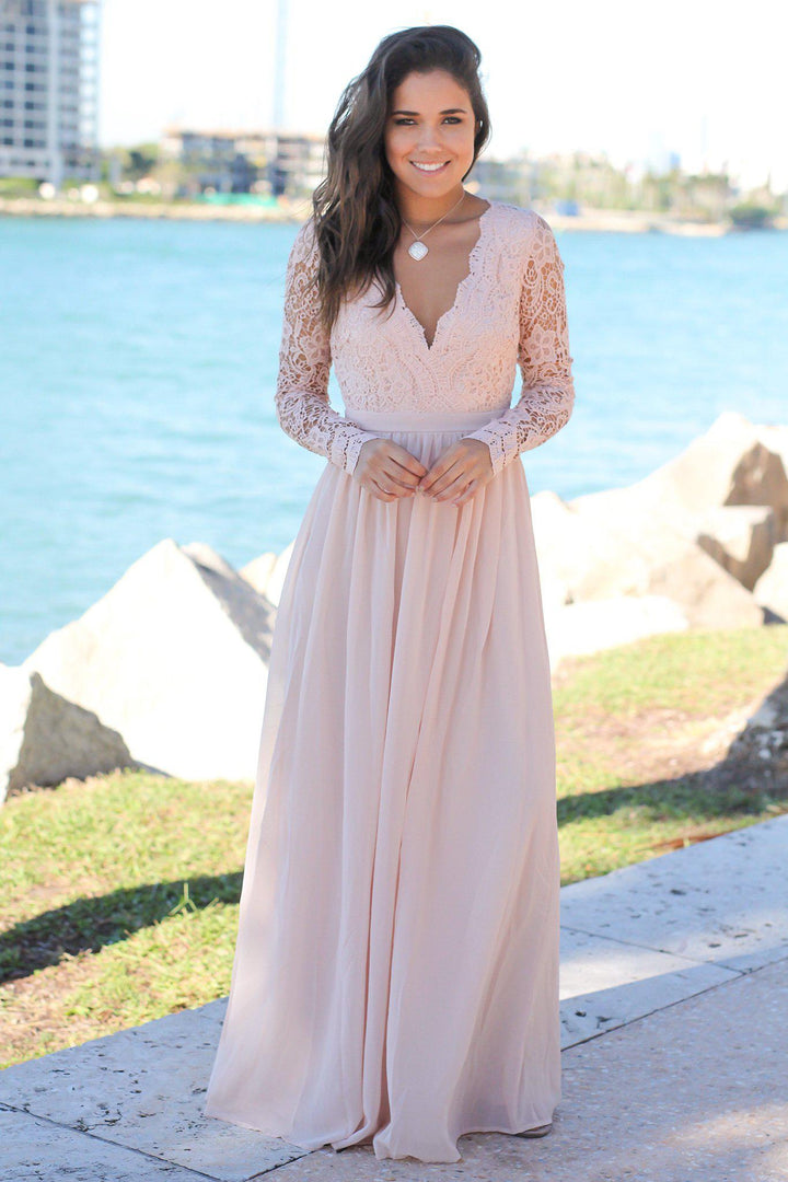 Blush Crochet Maxi Dress with Open Back and Long Sleeves | Bridesmaid Dresses Saved by the Dress Blush Crochet Maxi Dress with Open Back and Long Sleeves | Bridesmaid Dresses Saved by the Dress