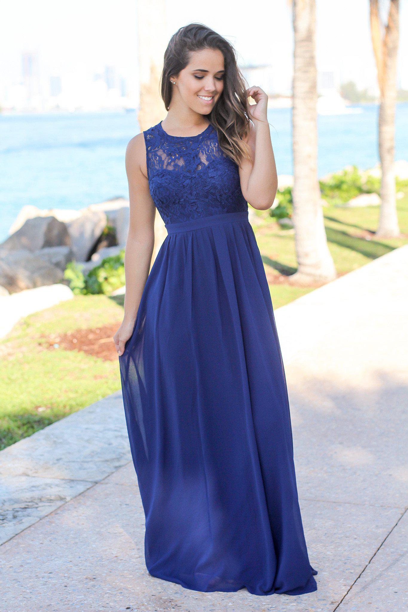 Navy Chiffon Maxi Dress with Lace Top | Bridesmaid Dresses Saved by the Dress Navy Chiffon Maxi Dress with Lace Top | Bridesmaid Dresses Saved by the Dress