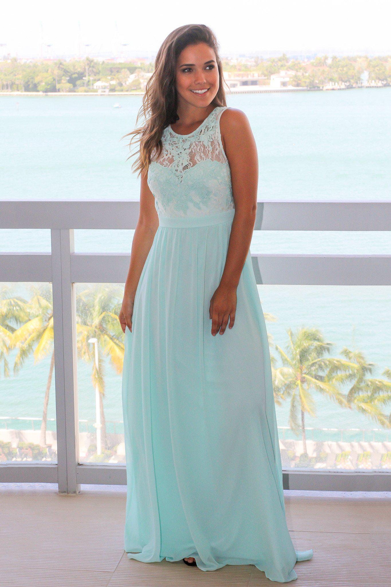 Mint Chiffon Maxi Dress with Lace Top | Bridesmaid Dresses Saved by the Dress Mint Chiffon Maxi Dress with Lace Top | Bridesmaid Dresses Saved by the Dress