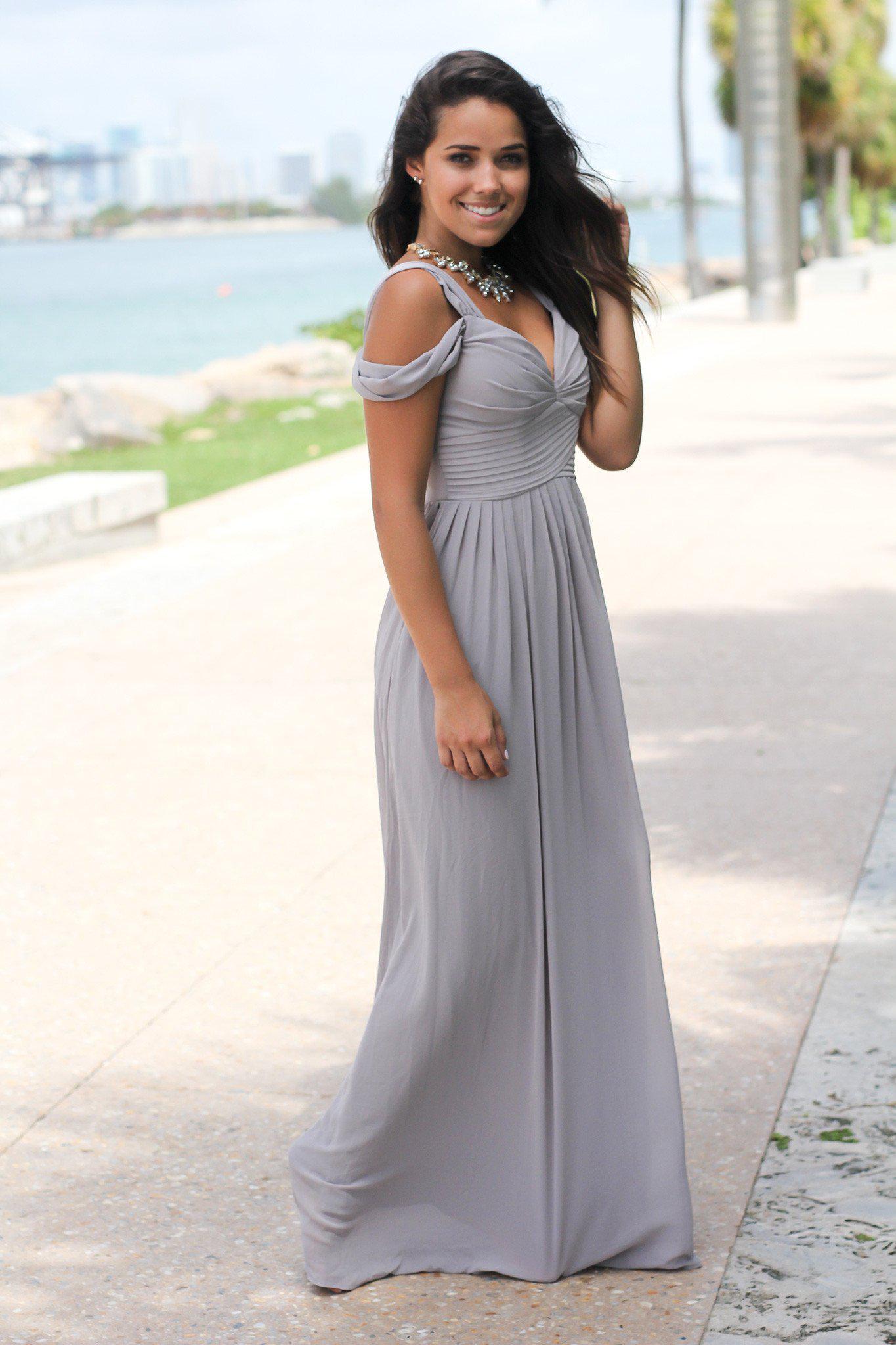Gray Off Shoulder Maxi Dress | Bridesmaid Dresses Saved by the Dress Gray Off Shoulder Maxi Dress | Bridesmaid Dresses Saved by the Dress
