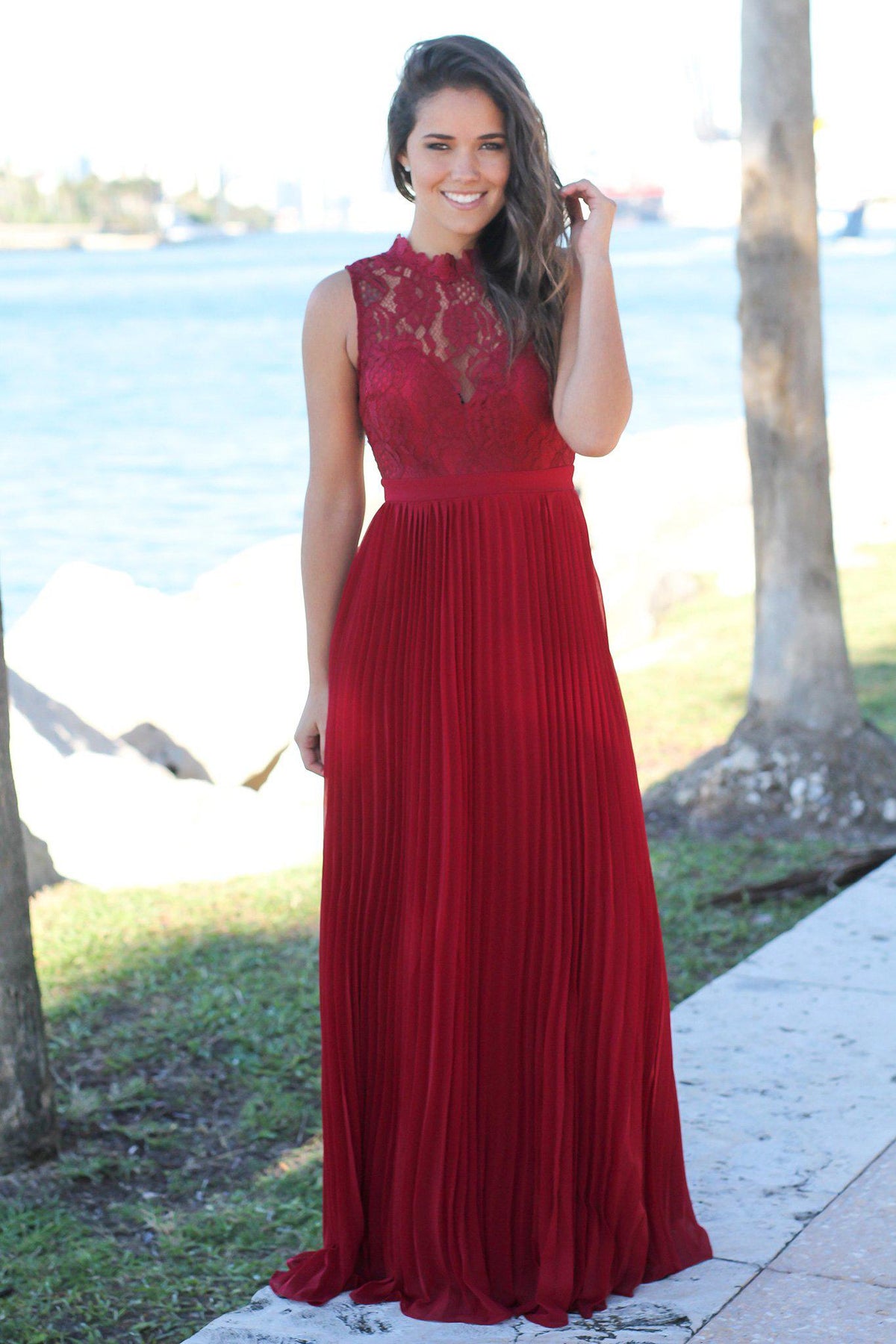 Burgundy Lace Maxi Dress with Pleated Skirt | Bridesmaid Dresses ...