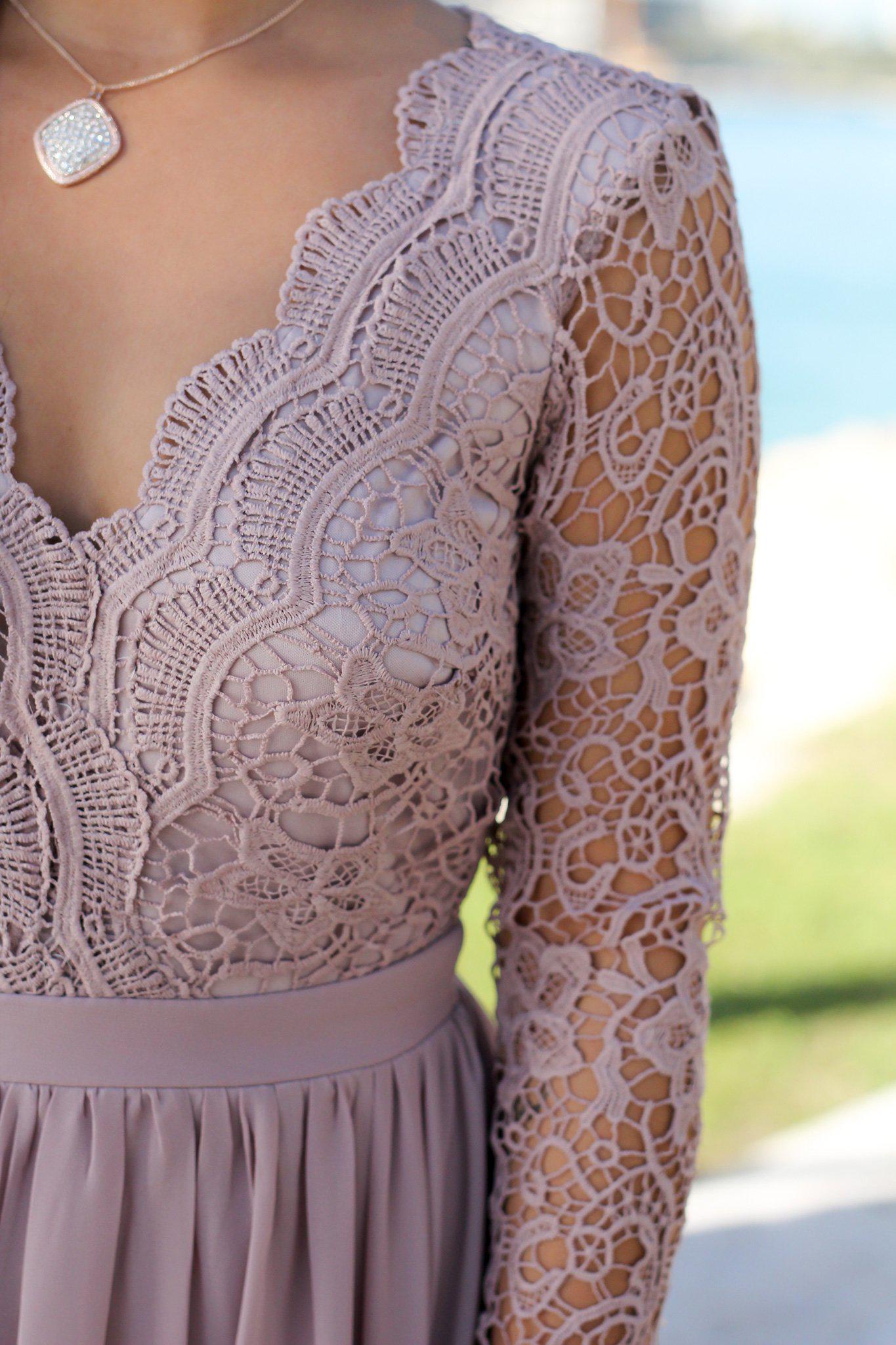 Tan Crochet Maxi Dress with Open Back and Long Sleeves | Bridesmaid Dresses Saved by the Dress Tan Crochet Maxi Dress with Open Back and Long Sleeves | Bridesmaid Dresses Saved by the Dress