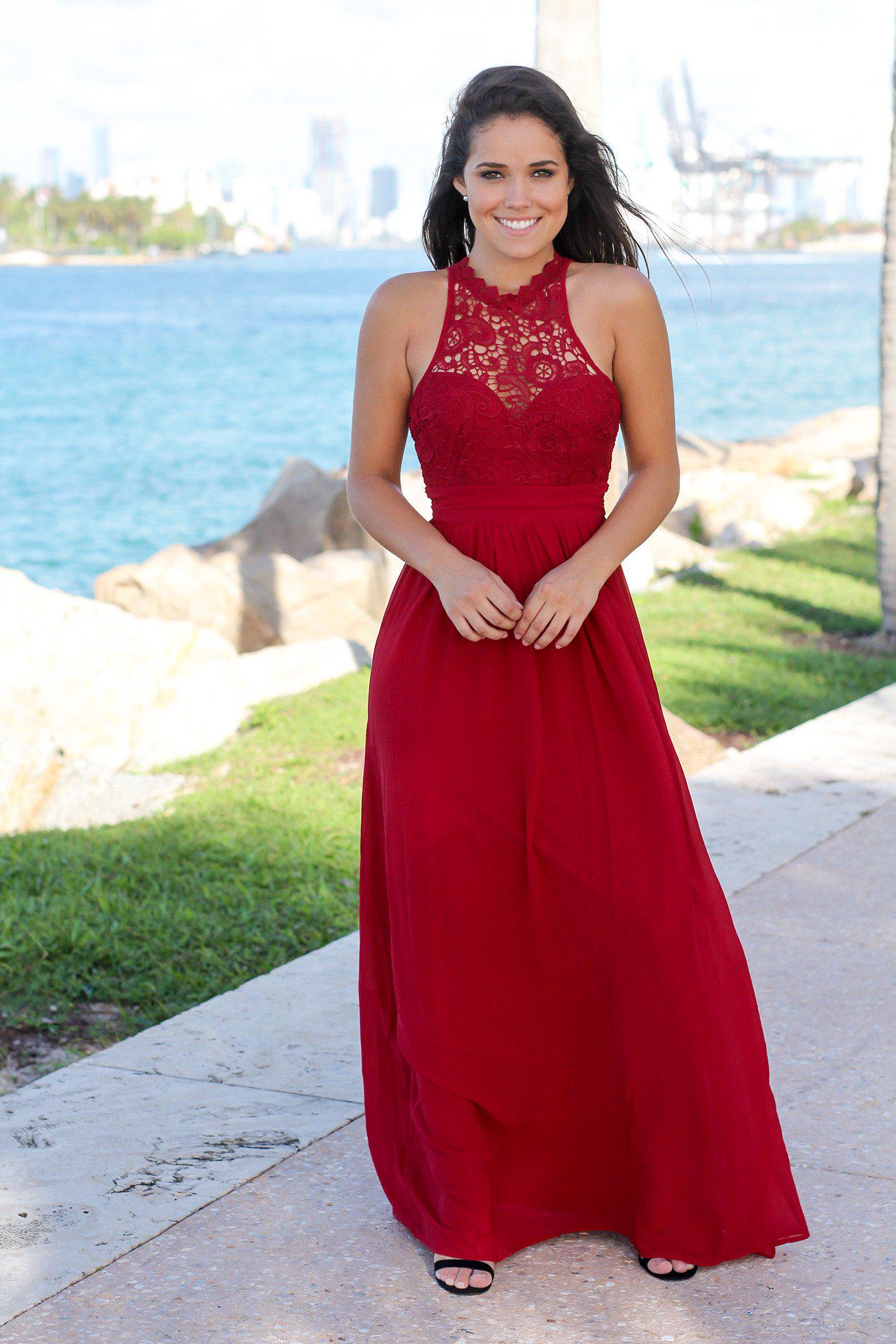 Burgundy Crochet Maxi Dress | Bridesmaid Dresses Saved by the Dress Burgundy Crochet Maxi Dress | Bridesmaid Dresses Saved by the Dress