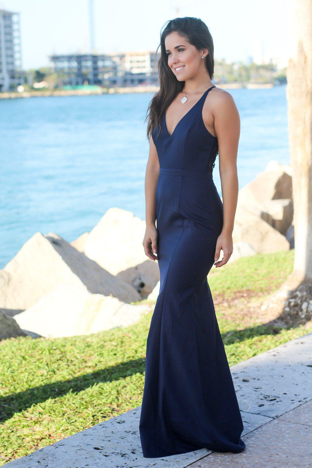 Navy Maxi Dress with Lace Back | Bridesmaid Dresses Saved by the Dress Navy Maxi Dress with Lace Back | Bridesmaid Dresses Saved by the Dress