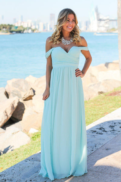 Mint Off Shoulder Maxi Dress with Pleated Top