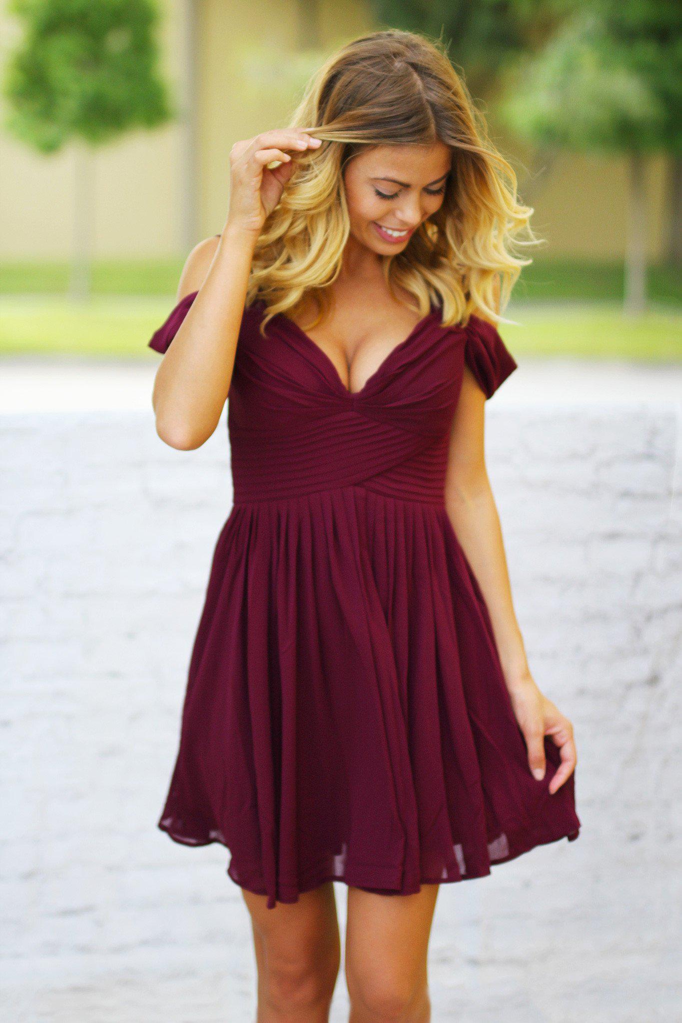 Winter Wine Off Shoulder Short Dress Bridesmaid Dress – Saved by