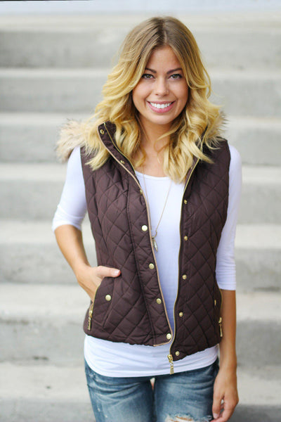 Brown Hooded Vest with Fur Trimming