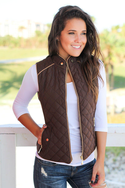 Brown Quilted Vest With Pockets