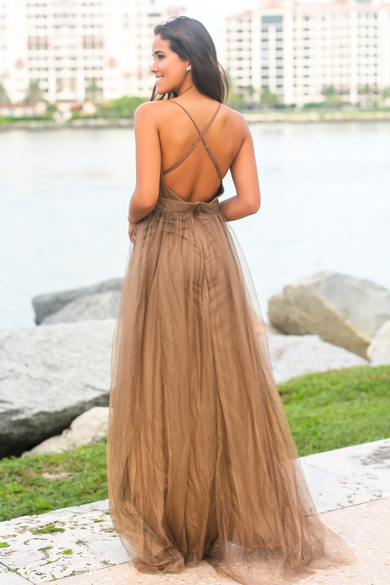 Brown Tulle Maxi Dress