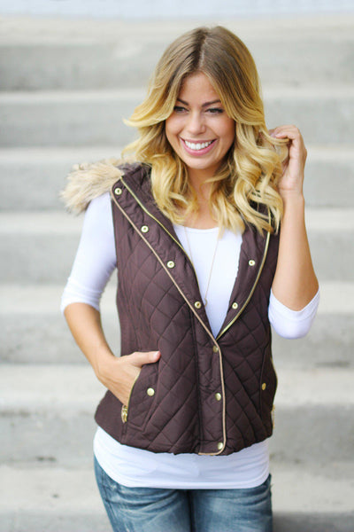 Brown Hooded Vest with Fur Trimming